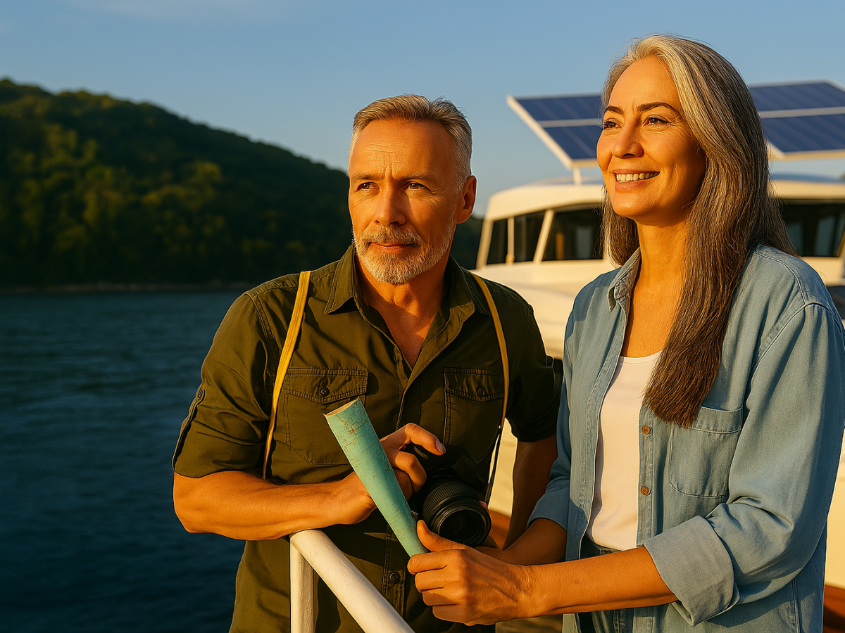 couple de seniors en voyage à toulon avant une sortie en bateau électrique