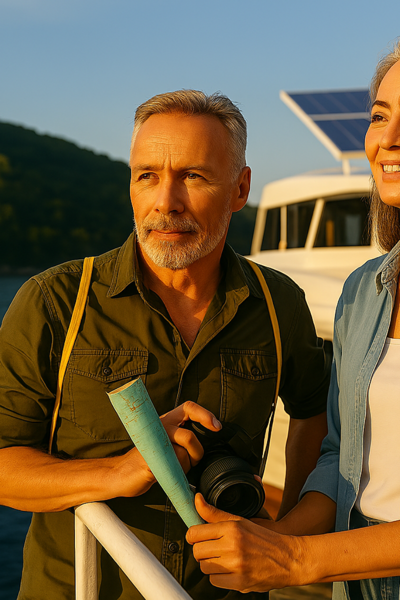 couple de seniors en voyage à toulon avant une sortie en bateau électrique